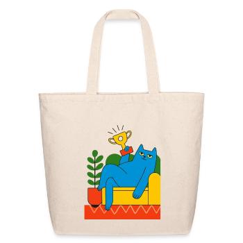 Blue Cat Trophy Lounger - Eco-Friendly Cotton Tote - natural - Front