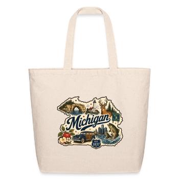 Michigan Great Lakes Vintage Travel Sticker - Eco-Friendly Cotton Tote - natural - Front