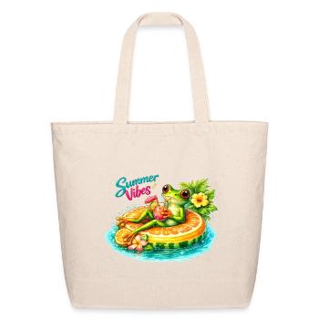 Summer Vibes Cute Frog Drinking Cocktail On Orange - Eco-Friendly Cotton Tote - natural - Front
