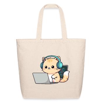 Cute Orange Tabby with Headphones and Laptop - Eco-Friendly Cotton Tote - natural - Front