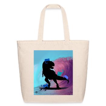 Dino Surfing wth Blue Cats - Storyteller  - Eco-Friendly Cotton Tote - natural - Front