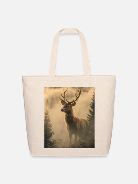 Mist grown Stag Deer in Dawn Fog - Eco-Friendly Cotton Tote - natural