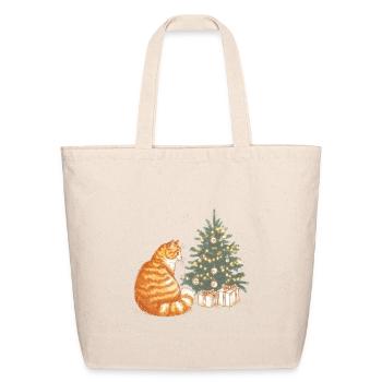 Festive Orange Tabby Cat by Christmas Tree - Eco-Friendly Cotton Tote - natural - Front
