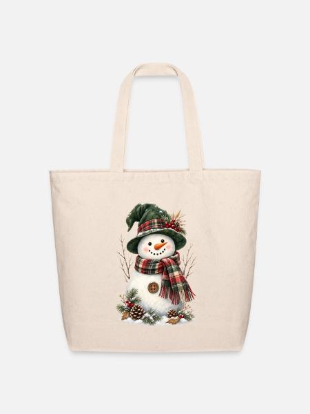 Rustic Plaid Snowman - Eco-Friendly Cotton Tote - natural