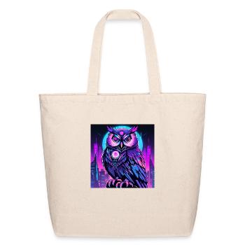 An owl with glowing neon blue and purple eyes - Eco-Friendly Cotton Tote - natural - Front
