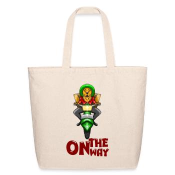 Lion delivery Courier riding scooter cartoon masco - Eco-Friendly Cotton Tote - natural - Front