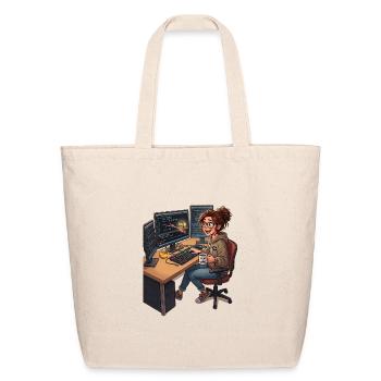 Cozy Coder at Triple-Monitor Desk - Eco-Friendly Cotton Tote - natural - Front