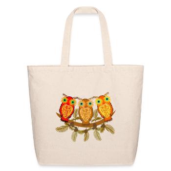 Three colorful owls with pine tree branches - Eco-Friendly Cotton Tote - natural - Front
