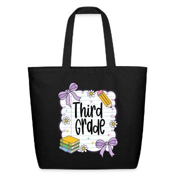 Third Grade Pencil Bows Daisies and Books - Eco-Friendly Cotton Tote - black - Front