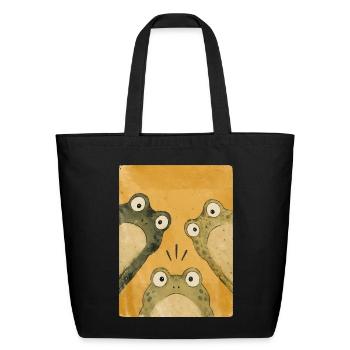 Three Curious Frogs Cartoon Amphibian Art - Eco-Friendly Cotton Tote - black - Front