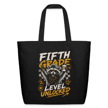 Fifth Grade Level Unlocked Raccoon - Eco-Friendly Cotton Tote - black - Front