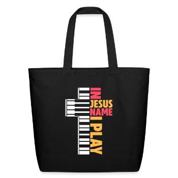 In Jesus Name I Play, Piano - Eco-Friendly Cotton Tote - black - Front