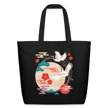 Japanese Cranes and Pine Trees - Eco-Friendly Cotton Tote - black - Front