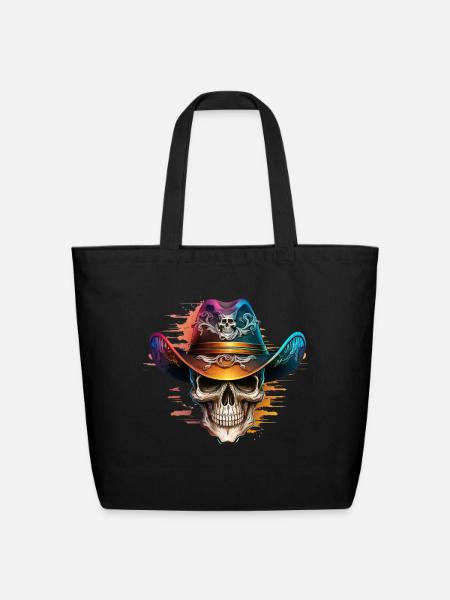 Watercolor Skull in a Cowboy Hat Skeleton Art - Eco-Friendly Cotton Tote - black