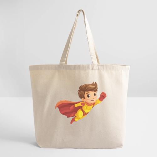 Cheerful Cartoon Superhero Boy Flying High - Eco-Friendly Cotton Tote