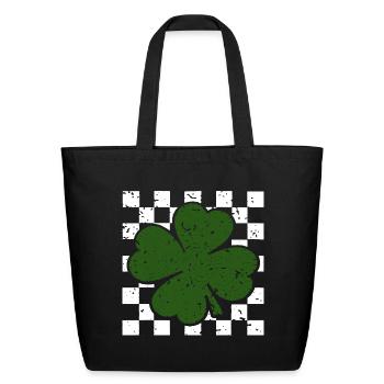 Emerald FourLeaf Clover on Checkerboard - Eco-Friendly Cotton Tote - black - Front