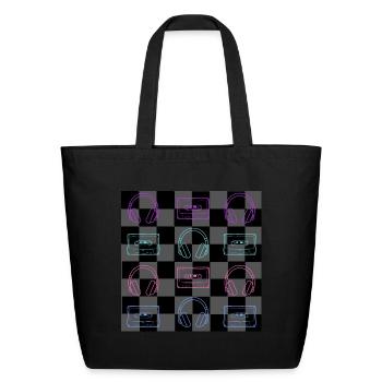Retro 1980's Music Check - 12 BLK + GRY - Eco-Friendly Cotton Tote - black - Front