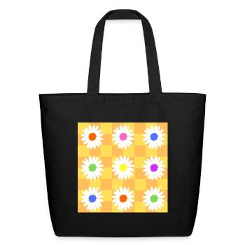 Retro Daisies - Orange and Yellow Checkerboard - Eco-Friendly Cotton Tote - black - Front