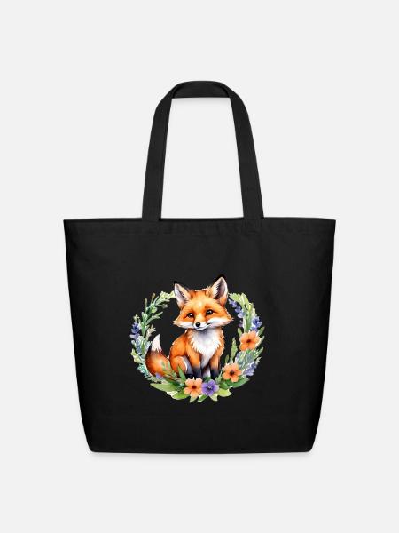 Watercolor Fox in Floral Wreath - Eco-Friendly Cotton Tote - black
