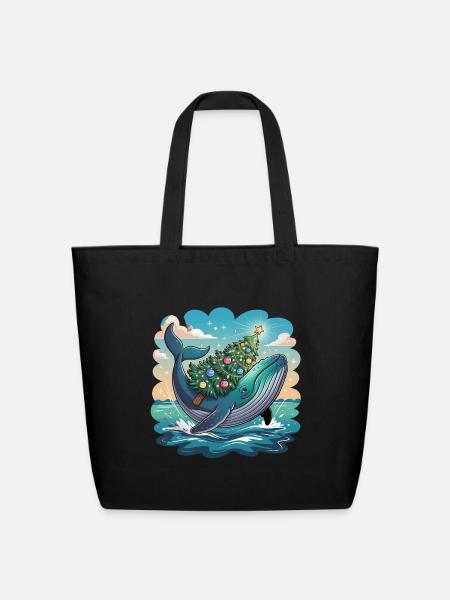 Whale Carrying Christmas Tree - Eco-Friendly Cotton Tote - black