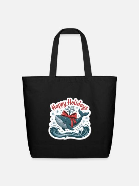 Happy Holidays Whale Sticker - Eco-Friendly Cotton Tote - black