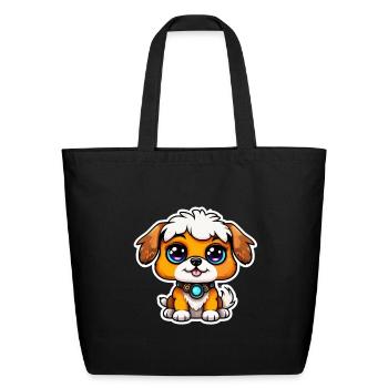 Chibi Pup with Blue Gem Collar - Eco-Friendly Cotton Tote - black - Front