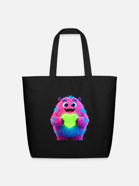 Neon Heart Hug Monster - Eco-Friendly Cotton Tote - black