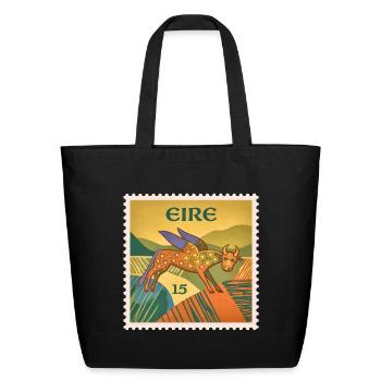 Vintage Eire Irish Winged Bull Postage Stamp Art - Eco-Friendly Cotton Tote - black - Front