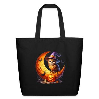 Moonlit Owl on Crescent Pumpkin - Eco-Friendly Cotton Tote - black - Front