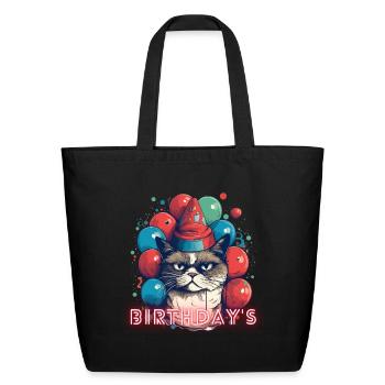Grumpy Birthday Cat With Ballons - Eco-Friendly Cotton Tote - black - Front
