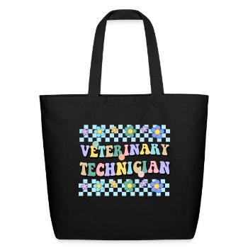 Veterinary Technician Floral Retro Text - Eco-Friendly Cotton Tote - black - Front