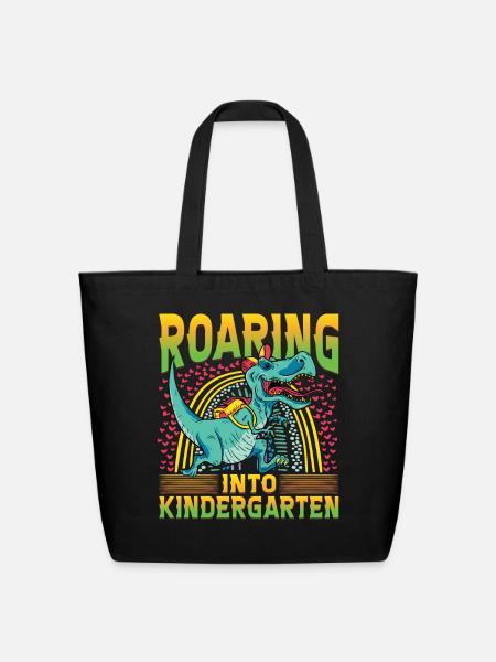 Roaring into Kindergarten Dinosaur - Eco-Friendly Cotton Tote - black