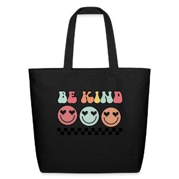 Be Kind Happy Smiling Face Emojis Checkerboard - Eco-Friendly Cotton Tote - black - Front