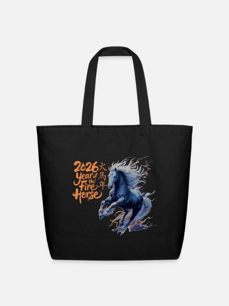 Fire Horse 2026 Zodiac Art - Eco-Friendly Cotton Tote - black