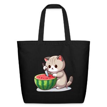 Cat cuts watermelon - Eco-Friendly Cotton Tote - black - Front