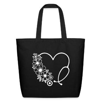 Floral Heart Stethoscope Medical Design - Eco-Friendly Cotton Tote - black - Front