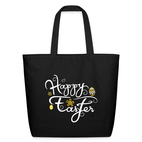 Happy Easter logo with easter eggs and flowers. - Eco-Friendly Cotton Tote