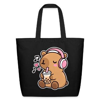 Bubble Tea Bear with Headphones - Eco-Friendly Cotton Tote - black - Front