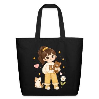 Cute Girl with Teddy Bears & Cat T-Shirt - Eco-Friendly Cotton Tote - black - Front