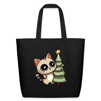 Christmas Cat: By the Festive Pine Tree - Eco-Friendly Cotton Tote - black - Front
