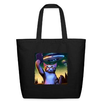Cat selfie with UFO - Eco-Friendly Cotton Tote - black - Front