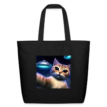 Cat selfie with UFO - Eco-Friendly Cotton Tote - black - Front