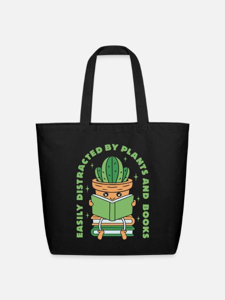 Easily Distracted by Plants and Books - Eco-Friendly Cotton Tote - black