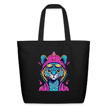 Light Blue Cat Wearing Pink Hoodie Doodle - Eco-Friendly Cotton Tote - black - Front
