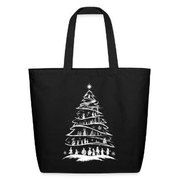 Merry Christmas Pine Tree Drawing Artwork Print - Eco-Friendly Cotton Tote - black - Front
