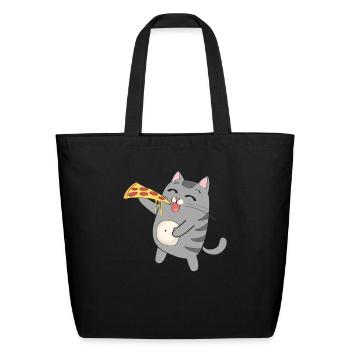 Cat Eating Pizza Funny Cat Pizza Gift - Eco-Friendly Cotton Tote - black - Front