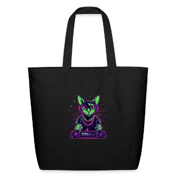 Cat DJ Turntable Deejay Kitten Music Cyberpunk - Eco-Friendly Cotton Tote - black - Front