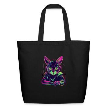Cat DJ Turntable Deejay Kitten Music Cyberpunk - Eco-Friendly Cotton Tote - black - Front