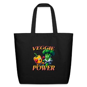 Cartoon Karate Bell Pepper and Broccoli Fighting - Eco-Friendly Cotton Tote - black - Front