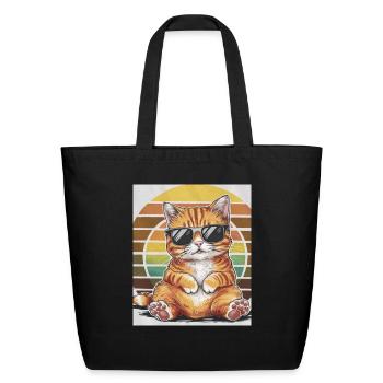 Cool Orange Tabby Cat Sunglasses and Retro Sunset - Eco-Friendly Cotton Tote - black - Front